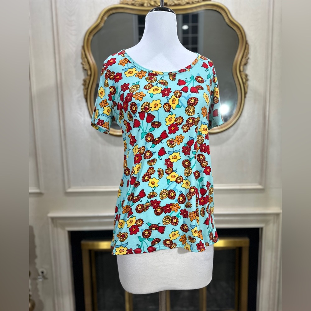 LuLaRoe Top Classic T Medium Aqua Blue Retro Floral 70s Print Soft‎ Stretchy
